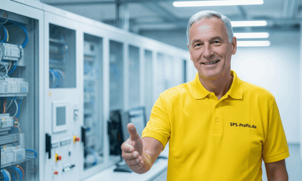 SPS Programmierer vor Schaltschrank streckt Hand aus