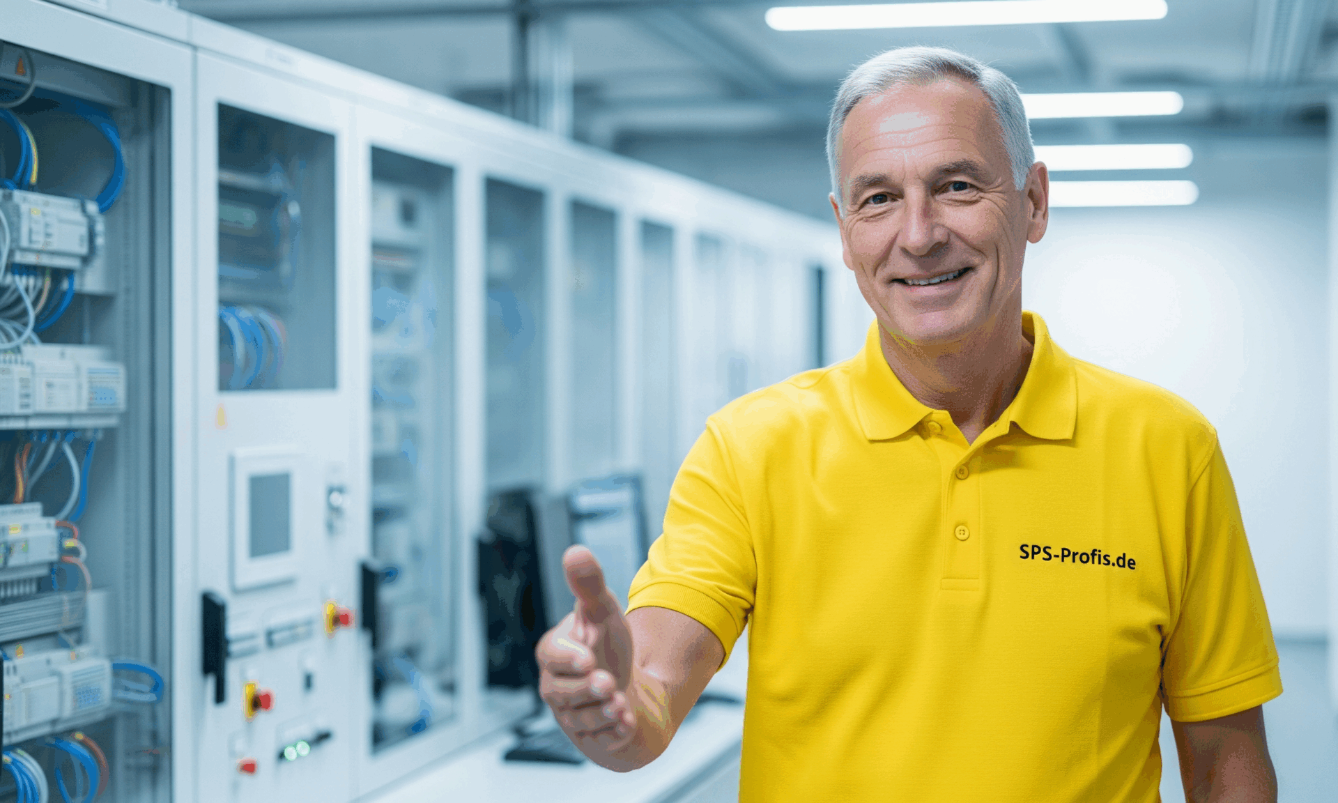 TIA Portal Programmierer vor Schaltschrank streckt Hand aus